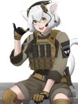 1girl animal_ears artist_name cat_ears cat_girl cat_tail chest_rig commentary cowboy_shot crossed_bangs dated dated_commentary edzactly english_commentary fangs gloves headset highres jacket knee_pads legs_apart load_bearing_vest looking_at_viewer magazine_(weapon) open_mouth original pants plate_carrier radio short_hair shoulder_patches sidelocks signature simple_background sitting slit_pupils tactical_clothes tail tammy_(edz) white_background white_hair 