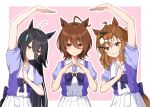  3girls absurdres agnes_tachyon_(umamusume) ahoge animal_ears black_hair blush border brown_hair closed_mouth commentary_request earrings grin hair_between_eyes heart heart_arms_duo heart_hands highres horse_ears horse_girl horse_tail jewelry jungle_pocket_(umamusume) long_hair looking_at_viewer manhattan_cafe_(umamusume) medium_hair messy_hair multicolored_hair multiple_girls pink_background pleated_skirt puffy_short_sleeves puffy_sleeves purple_shirt red_eyes ryochapu school_uniform shirt short_hair short_sleeves simple_background single_earring skirt smile streaked_hair summer_uniform tail thought_bubble tracen_school_uniform umamusume v white_border white_hair white_skirt yellow_eyes 