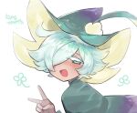  1boy blush cape clover_cookie cookie_run friedbirdchips green_cape green_eyes green_headwear hat looking_at_viewer simple_background solo upper_body v white_background white_hair wizard_hat 