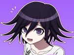  1boy :d black_hair chain danganronpa_(series) danganronpa_v3:_killing_harmony flipped_hair grey_jacket hair_between_eyes highres jacket lower_teeth_only male_focus multicolored_hair no_scarf notice_lines oma_kokichi outline pink_background portrait smile solo suiren_yurei teeth tongue two-tone_hair violet_eyes white_outline 