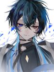  1boy absurdres androgynous bishounen black_choker black_eyes black_hair black_shirt blue_eyes blue_hair choker closed_mouth coat earrings facial_mark facial_tattoo heterochromia highres hinokage jewelry male_focus multicolored_hair original shirt solo tattoo white_background white_coat 
