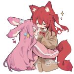  2girls :d animal_ears bandaged_ear blush bocchi_the_rock! bow bowtie brown_jacket closed_eyes cropped_torso cube_hair_ornament facing_another fox_ears fox_tail gotou_hitori hair_between_eyes hair_ornament highres hug jacket kita_ikuyo meijio3 multicolored_clothes multicolored_jacket multiple_girls one_side_up open_clothes open_jacket pink_jacket rabbit_ears red_bow red_bowtie redhead simple_background smile sparkle tail tearing_up two-tone_jacket white_background 