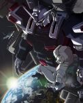  4others ambiguous_gender astronaut cable earth_(planet) full_armor_gundam gundam gundam_thunderbolt highres in_orbit j_s123 lens_flare mecha mobile_suit multiple_others open_hand planet robot science_fiction space space_helmet spacesuit sun sunlight v-fin yellow_eyes zero_gravity 