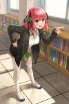  1girl absurdres black_cardigan black_ribbon blue_eyes blunt_bangs blush book bookshelf butterfly_hair_ornament cardigan collared_shirt commentary_request full_body go-toubun_no_hanayome green_skirt hair_ornament hair_ribbon hand_on_own_hip highres indoors ishiyuki jacket nakano_nino open_cardigan open_clothes open_jacket open_mouth pink_hair pleated_skirt pointing pointing_to_the_side revision ribbon school_uniform shirt shoes short_hair sidelocks skirt solo teeth thigh-highs uwabaki white_shirt white_thighhighs window 