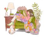 1girl animal arms_up artist_name black_hair book calico cat coco_glez couch flower green_socks hand_on_another&#039;s_head holding holding_book lamp long_hair on_couch original pillow pink_sweater plaid plant reading red_flower red_tulip smile socks sweater tulip vase 