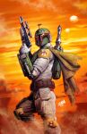 1boy armor belt boba_fett brown_pants commentary dated david_nakayama english_commentary gloves gun helmet highres holding holding_gun holding_weapon initial jetpack looking_at_viewer moon orange_sky outdoors pants sky solo star_wars watermark weapon white_gloves 