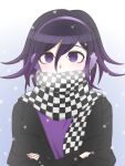  1boy alternate_costume black_hair black_jacket black_scarf breath checkered_clothes checkered_scarf danganronpa_(series) danganronpa_v3:_killing_harmony flipped_hair gradient_background hair_between_eyes hairband highres jacket long_sleeves looking_at_viewer oma_kokichi open_clothes open_jacket pink_shirt purple_hairband scarf shirt sleeves_past_wrists snowing solo suiren_yurei upper_body violet_eyes white_scarf 