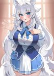  1girl :3 animal_ear_fluff animal_ears blue_eyes blush breasts day dress esencey hair_between_eyes highres indie_virtual_youtuber indoors large_breasts long_hair looking_at_viewer lumi_(merryweather) open_mouth second-party_source smile standing tail virtual_youtuber waving white_hair wolf_ears wolf_girl wolf_tail 