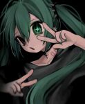  +_+ 1girl alternate_costume black_background black_shirt blurry choker collarbone commentary_request cross cross_choker depth_of_field diffraction_spikes double_w eyebrow_piercing floating_hair green_eyes green_hair green_nails hair_ornament hands_up hatsune_miku highres long_hair looking_at_viewer neck_tattoo number_tattoo open_mouth piercing shirt solo spiked_ear_piercing tattoo twintails uee_m upper_body vocaloid w 