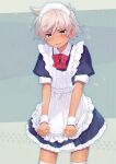  1boy apron apron_tug bandaid bandaid_on_arm bandaid_on_leg black_dress blush bow bowtie crossdressing dress feet_out_of_frame frilled_apron frilled_dress frills grey_hair harecaba highres looking_at_viewer maid_apron maid_headdress original puffy_short_sleeves puffy_sleeves red_bow red_bowtie short_hair short_sleeves solo sweatdrop thigh-highs white_apron white_thighhighs wrist_cuffs yellow_eyes 
