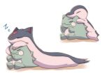  closed_eyes creature jinguu_(timaya) no_humans object_hug pokemon pokemon_(creature) quilava simple_background sleeping stuffed_dinosaur substitute_(pokemon) white_background zzz 