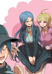  1boy 2girls absurdres ahoge akamatsu_kaede black_headwear black_jacket black_skirt blonde_hair breasts buttons collared_shirt d: danganronpa_(series) danganronpa_v3:_killing_harmony double-breasted eye_contact facing_away glasses green_hair grey_shirt hair_ornament highres jacket large_breasts long_hair looking_at_another lower_teeth_only multiple_girls musical_note musical_note_hair_ornament neck_ribbon necktie open_clothes open_jacket orange_necktie orange_ribbon parted_bangs pink_eyes pink_vest pleated_skirt ribbon saihara_shuichi shirogane_tsumugi shirt skirt skirt_tug smile striped striped_skirt teeth vest youko-shima 