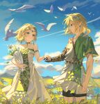  1boy 1girl absurdres al_guang bird blonde_hair blue_eyes blue_sky bouquet circlet clouds commentary_request day dress earrings eye_contact flower grasslands green_eyes green_tunic highres holding holding_bouquet holding_hands jewelry link looking_at_another mountainous_horizon necklace official_alternate_costume outdoors parted_bangs pointy_ears princess_zelda short_hair single_bare_shoulder sky smile standing strapless strapless_dress teardrop_facial_mark the_legend_of_zelda the_legend_of_zelda:_tears_of_the_kingdom white_bird white_dress 