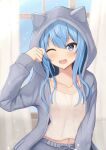  1girl animal_ears blue_eyes blue_hair cat_ears collarbone fake_animal_ears grey_hoodie highres hololive hood hood_up hoodie hoshimachi_suisei indoors long_hair looking_at_viewer navel one_eye_closed open_clothes open_hoodie open_mouth rubbing_eyes shizukami_chiro smile solo star_(symbol) tank_top upper_body virtual_youtuber white_tank_top window 