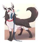  black_fur black_hair blush claws collar creature furry grey_fur hyena leash mightyena mouth_hold negoya no_humans pokemon pokemon_(creature) red_collar red_eyes signature tail tail_wagging white_background 