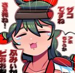 &gt;o&lt; 1jumangoku 1other armor brown_headband closed_eyes commentary crying epaulettes green_hair headband len&#039;en long_hair motion_blur motion_lines open_mouth red_background shoulder_pads taira_no_fumikado tears translated upper_body 