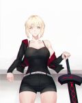 1girl artoria_pendragon_(fate) belt black_jacket black_shorts black_tank_top blonde_hair breasts closed_mouth collarbone fate/grand_order fate_(series) holding holding_sword holding_weapon jacket jacket_partially_removed leaning_on_object lilyaholmes long_sleeves looking_at_viewer medium_breasts saber_alter short_hair shorts simple_background single_bare_shoulder solo sword tank_top tomboy weapon white_background yellow_eyes