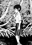  1girl aremoyou branch commentary_request dress_shirt expressionless foliage from_side greyscale hand_up highres jitome looking_ahead mangrove monochrome original outdoors plant pleated_skirt profile screentones shirt short_hair short_sleeves skirt solo vines wading walking water 