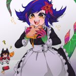  2girls :d ? absurdres ahri_(league_of_legends) alternate_costume apron blue_hair can cheese colored_skin eating enmaided fangs flipped_hair flower food green_background green_skin grey_apron hair_flower hair_ornament highres holding holding_food league_of_legends long_sleeves maid multicolored_hair multiple_girls nail_polish neeko_(league_of_legends) pink_background red_flower red_nails redhead sandwich smile solo_focus soutasoda tail teeth two-tone_hair upper_teeth_only waist_apron wide_sleeves 