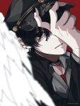  1boy bags_under_eyes black_choker black_eyes black_hair black_jacket black_nails choker close-up collared_jacket collared_shirt ear_piercing earrings feathered_wings grey_shirt hair_between_eyes hat head_tilt holding holding_clothes holding_hat isumisumi jacket jewelry layered_clothes looking_at_viewer male_focus military_hat nail_polish open_clothes open_jacket original parted_lips piercing portrait red_background shirt short_hair sidelocks simple_background solo white_wings wings 