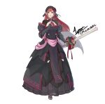  1girl alternate_color alternate_costume artist_name black_dress bridal_gauntlets bride_(fire_emblem) cherche_(fire_emblem) cm_lynarc dress fire_emblem fire_emblem_awakening fire_emblem_heroes flower full_body hair_flower hair_ornament highres holding holding_sword holding_weapon long_hair looking_at_viewer pink_eyes pink_hair signature smile solo sword weapon wedding_dress white_background 