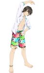  1boy anklet barefoot black_hair english_commentary full_body hair_between_eyes hand_on_own_hip highres jewelry jude_mathis male_focus male_swimwear navel official_art open_clothes open_shirt shorts smile swim_trunks tales_of_(series) tales_of_asteria tales_of_xillia toenails toes transparent_background 