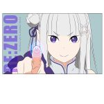  1girl absurdres blunt_bangs bright_pupils copyright_name emilia_(re:zero) flower green_pupils grey_hair hair_flower hair_ornament hair_ribbon highres light_purple_hair pawowe pointing pointing_at_viewer pointy_ears purple_ribbon re:zero_kara_hajimeru_isekai_seikatsu ribbon rose slit_pupils smile solo transparent_border violet_eyes white_flower white_rose x_hair_ornament 