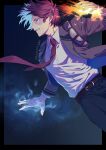  1boy artist_name belt belt_buckle black_border black_pants blue_background blue_eyes boku_no_hero_academia border brown_belt brown_jacket buckle burn_scar collared_shirt commentary_request dress_shirt fire flaming_hand floating_hair glowing glowing_eyes hand_up highres ice jacket lapels male_focus multicolored_hair necktie open_clothes open_jacket outside_border pants parted_lips profile red_necktie redhead remsor076 scar scar_on_face shirt shirt_tucked_in short_hair solo split-color_hair teeth todoroki_shouto twitter_username two-tone_hair v-shaped_eyebrows white_hair white_shirt wing_collar 
