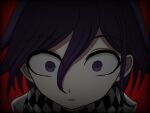  1boy black_background black_hair black_scarf checkered_clothes checkered_scarf danganronpa_(series) danganronpa_v3:_killing_harmony flipped_hair hair_between_eyes highres looking_at_viewer male_focus meme oma_kokichi open_mouth portrait red_background reference_request scarf solo suiren_yurei violet_eyes white_scarf 