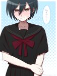 1boy alternate_costume black_hair black_sailor_collar black_shirt blue_background bow bowtie brown_eyes crossdressing danganronpa_(series) danganronpa_v3:_killing_harmony frown hair_between_eyes hand_on_own_arm highres looking_down pale_skin pleated_skirt red_bow red_bowtie saihara_shuichi sailor_collar shirt short_hair short_sleeves skirt solo suiren_yurei thought_bubble translation_request two-tone_background white_background 