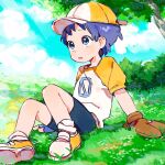  1boy baseball_cap baseball_mitt blue_sky child clouds cloudy_sky english_commentary hat male_child male_focus nature nemui_(nemuriyagi) numbered on_grass on_ground open_mouth original outdoors purple_hair scenery shorts sitting sky solo tree wariza 