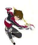  1boy armor boots brown_hair english_commentary full_body greaves hair_between_eyes highres holding holding_sword holding_weapon jacket knee_boots kor_meteor male_focus official_art pants shield smile sword tales_of_(series) tales_of_asteria tales_of_hearts transparent_background weapon 