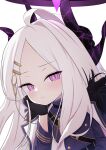  1girl absurdres ahoge belt blue_archive closed_mouth coat coat_on_shoulders demon_horns forehead hair_ornament halo hands_on_own_face highres hina_(blue_archive) horns looking_at_viewer military military_uniform negi_0712 uniform violet_eyes white_background white_hair 