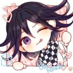  1boy ;p black_hair blush border character_name checkered_clothes checkered_scarf danganronpa_(series) danganronpa_v3:_killing_harmony flipped_hair han_(hd_d26) hands_up heart highres jacket looking_at_viewer male_focus oma_kokichi one_eye_closed purple_hair scarf short_hair smile tongue tongue_out unmoving_pattern violet_eyes white_border white_jacket 