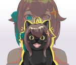  1girl absurdres ahoge animal animalization bare_shoulders black_cat braid brown_eyes brown_hair cat cross-shaped_pupils eyes_visible_through_hair feindall green_eyes green_ribbon hair_between_eyes hair_flaps hair_ornament hair_ribbon heterochromia highres indie_virtual_youtuber medium_hair meica_(vtuber) mismatched_pupils notice_lines ribbon simple_background single_braid sprout-shaped_pupils star_(symbol) star_hair_ornament symbol-shaped_pupils virtual_youtuber white_background 