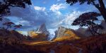  absurdres blue_sky clouds cloudy_sky day flower grasslands highres hill mountainous_horizon no_humans original outdoors painting_(medium) philipp_urlich plant ravine scenery shadow sky snow traditional_media tree water waterfall 