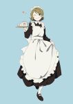  1girl apron blue_eyes brown_hair cup dracham dress full_body highres holding holding_tray long_dress love_live! love_live!_sunshine!! maid maid_apron maid_headdress one_eye_closed short_hair simple_background smile solo swept_bangs teacup teapot tray watanabe_you 