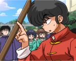  blue_hair brown_hair chinese_clothes fuurinkan_high_school_uniform multiple_boys multiple_girls ranma_1/2 saotome_ranma school_uniform short_hair siblings sisters sweatdrop sword tangzhuang tendou_akane tendou_nabiki wanta_(futoshi) weapon wooden_sword 