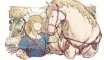  1boy blonde_hair blue_eyes blue_tunic cropped_torso horse link long_sleeves looking_at_another low_ponytail medium_hair outdoors parted_lips pointy_ears reins shirt_under_shirt sidelocks smile the_legend_of_zelda the_legend_of_zelda:_breath_of_the_wild tokima_yori tree twitter_username upper_body weapon weapon_on_back 
