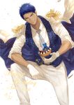  1boy aomine_daiki blue_cape blue_hair blue_sweater_vest cake cape closed_mouth collared_shirt feet_out_of_frame food grey_necktie happy_birthday highres holding holding_cake holding_food kuroko_no_basuke looking_at_viewer male_focus necktie pants shirt short_hair smile solo stuffed_animal stuffed_toy sweater_vest tan teddy_bear white_pants zawar379 