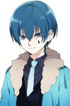  1boy blue_eyes blue_hair blue_jacket blue_necktie blue_shirt blue_vest closed_mouth collared_shirt commentary_request employee_(lobotomy_corporation) eyebrows_hidden_by_hair fur-trimmed_jacket fur_trim hair_between_eyes jacket lobotomy_corporation looking_at_viewer male_focus medu_(rubish) necktie open_clothes open_jacket project_moon shirt short_hair simple_background smile solo vest white_background 