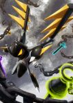  broken broken_chain chain claws commentary_request ewokakukaede glowing highres horns lokix looking_down no_humans outdoors pokemon pokemon_(creature) solo yellow_eyes 