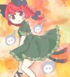 1girl animal_ears blue_bow blue_fire bow braid cat_ears cat_tail closed_mouth commentary_request dress feet_out_of_frame fire floating_skull green_dress hair_bow hair_ribbon highres kaenbyou_rin knees_together_feet_apart light_blush light_smile long_hair looking_at_viewer multiple_tails nekomata one-hour_drawing_challenge orange_background partial_commentary red_eyes redhead ribbon salt_(seasoning) simple_background solo tail touhou tress_ribbon twin_braids two_tails v_arms 