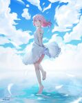  1girl aqua_sky arms_behind_back artist_name arusuko backlighting bare_arms bare_legs barefoot blue_sky blurry bokeh breasts closed_mouth clouds cloudy_sky day depth_of_field dot_nose dress feathers floating_hair frilled_dress frilled_straps frills full_body gradient_sky hair_between_eyes hair_down happy kaname_madoka light_particles looking_at_viewer looking_back luminous_(madoka_magica) mahou_shoujo_madoka_magica mahou_shoujo_madoka_magica_(anime) mahou_shoujo_madoka_magica_movie_1_&amp;_2 medium_hair nape outdoors pink_eyes pink_hair ripples shadow shallow_water sideboob sky sleeveless sleeveless_dress small_breasts smile soles solo spaghetti_strap standing standing_on_liquid standing_on_one_leg tareme water white_dress white_feathers 