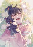 1boy animal animal_ears black_hair closed_eyes collar dog dog_ears earrings fangs flower hair_between_eyes highres holding holding_animal indie_virtual_youtuber jewelry long_sleeves male_focus open_mouth red_shirt rr_ayan shirt short_hair shoto_(vtuber) smile solo tongue virtual_youtuber 