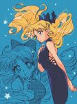  aino_minako bare_arms bare_shoulders bishoujo_senshi_sailor_moon blonde_hair blue_background blue_bow blue_dress blue_eyes bow breasts cowboy_shot dress earrings hair_bow half_updo hand_on_own_chest hoop_earrings jewelry lace-up long_hair looking_at_viewer medium_breasts multiple_views parted_bangs silver_earrings smile star_(symbol) suzuki_(2red_moon3) tongue tongue_out 