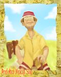  1boy border brown_hair cane character_name closed_mouth clouds cloudy_sky day facial_hair glasses hat highres holding holding_cane looking_up one_piece ship shirt short_hair short_sleeves sky solo stick strayzinho striped striped_headwear watercraft woop_slap yellow_shirt 