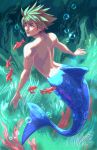  1boy air_bubble blue_eyes brown_hair bubble fins fish fish_tail from_behind highres kingdom_hearts looking_to_the_side male_focus merman mimamilux monster_boy parted_lips shark_tail short_hair solo sora_(kingdom_hearts) spiky_hair swept_bangs swimming tail toned toned_male topless_male underwater 