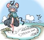  1girl animal_ears big_stick blue_capelet capelet closed_eyes clouds day dowsing_rod dress grey_dress grey_hair grey_skirt grey_vest kasuya_baian layered_clothes long_sleeves mouse mouse_ears mouse_girl mouse_tail nazrin ocean outdoors parody shirt short_hair skirt skirt_set tail theodore_roosevelt touhou tree vest white_shirt 