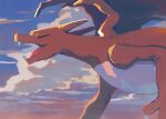  charizard claws closed_eyes clouds commentary fangs flying highres horns mo~zu no_humans open_mouth outdoors pokemon pokemon_(creature) sky solo symbol-only_commentary tongue 